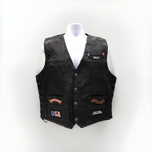 Diamond Plate Black Leather Snap Button Lace Up Side Motorcycle Biker Vest Sz XL